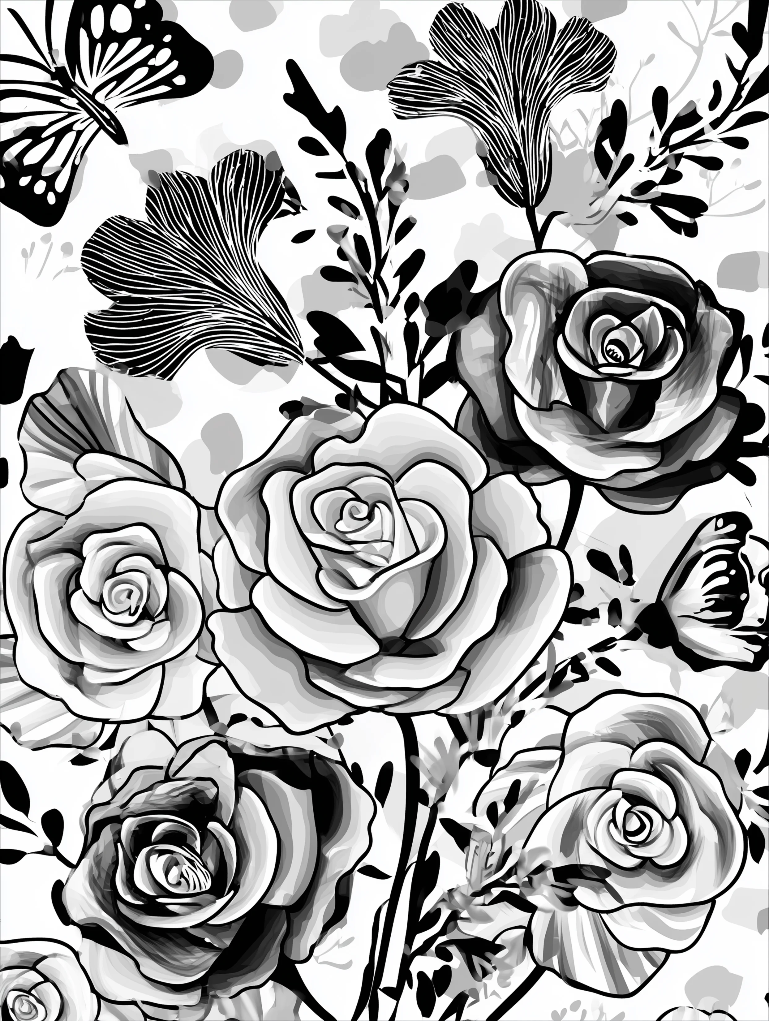Free printable rose coloring page for adults featuring a bouquet of roses